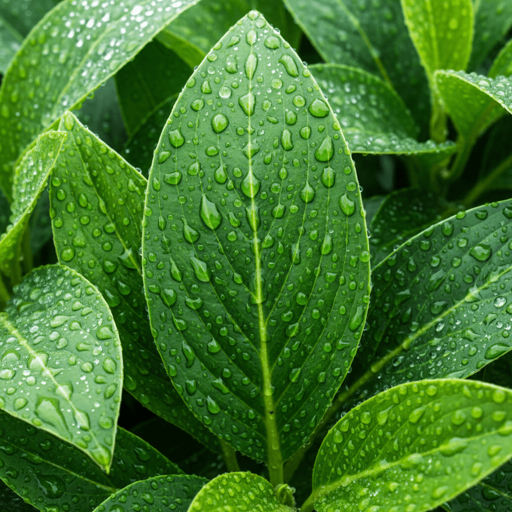 Green botanical leaves with water droplets close up