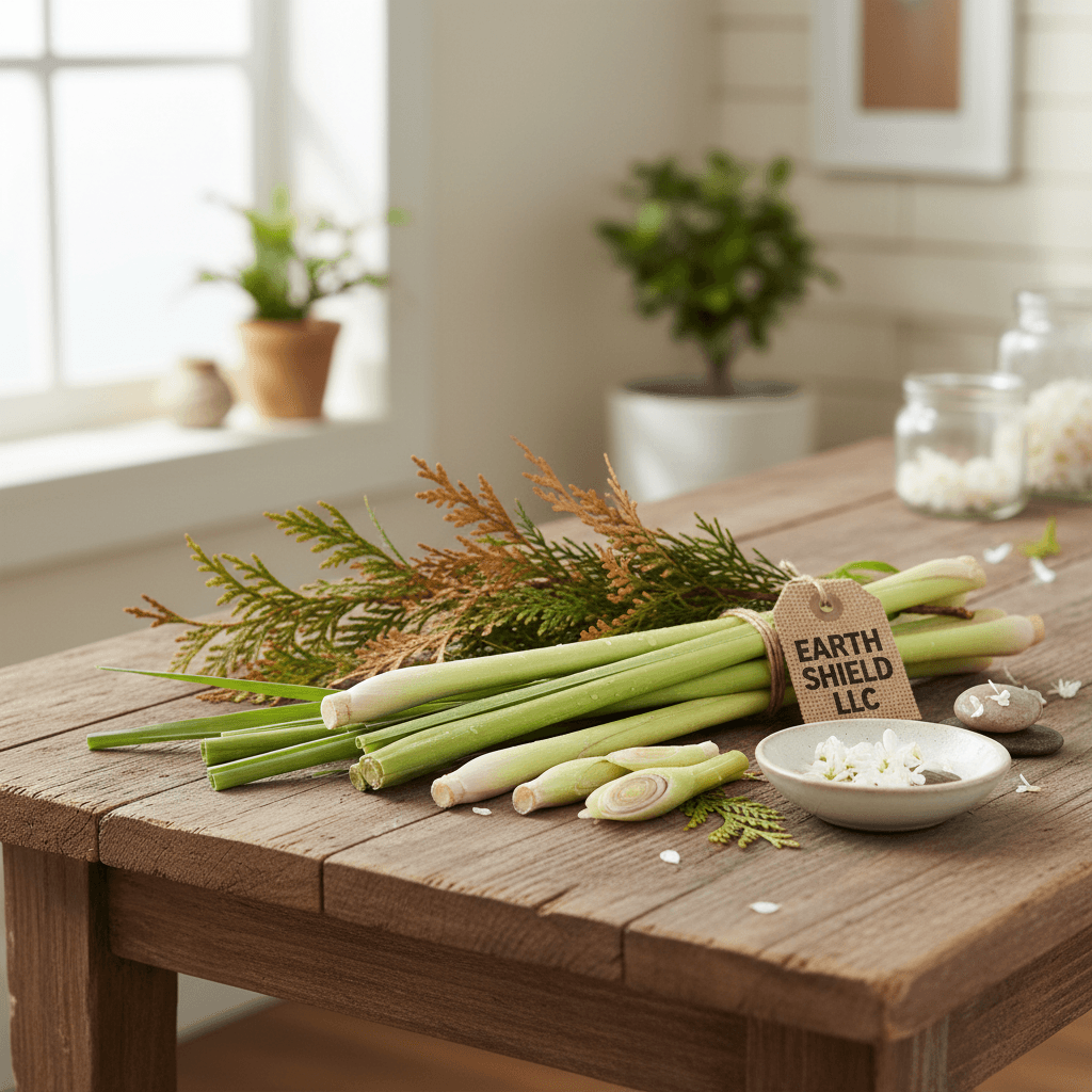 Fresh lemongrass and cedarwood sprigs on a wooden table