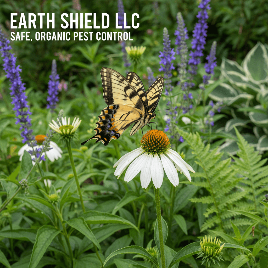 Yellow and black swallowtail butterfly perched on a white coneflower in a lush garden.