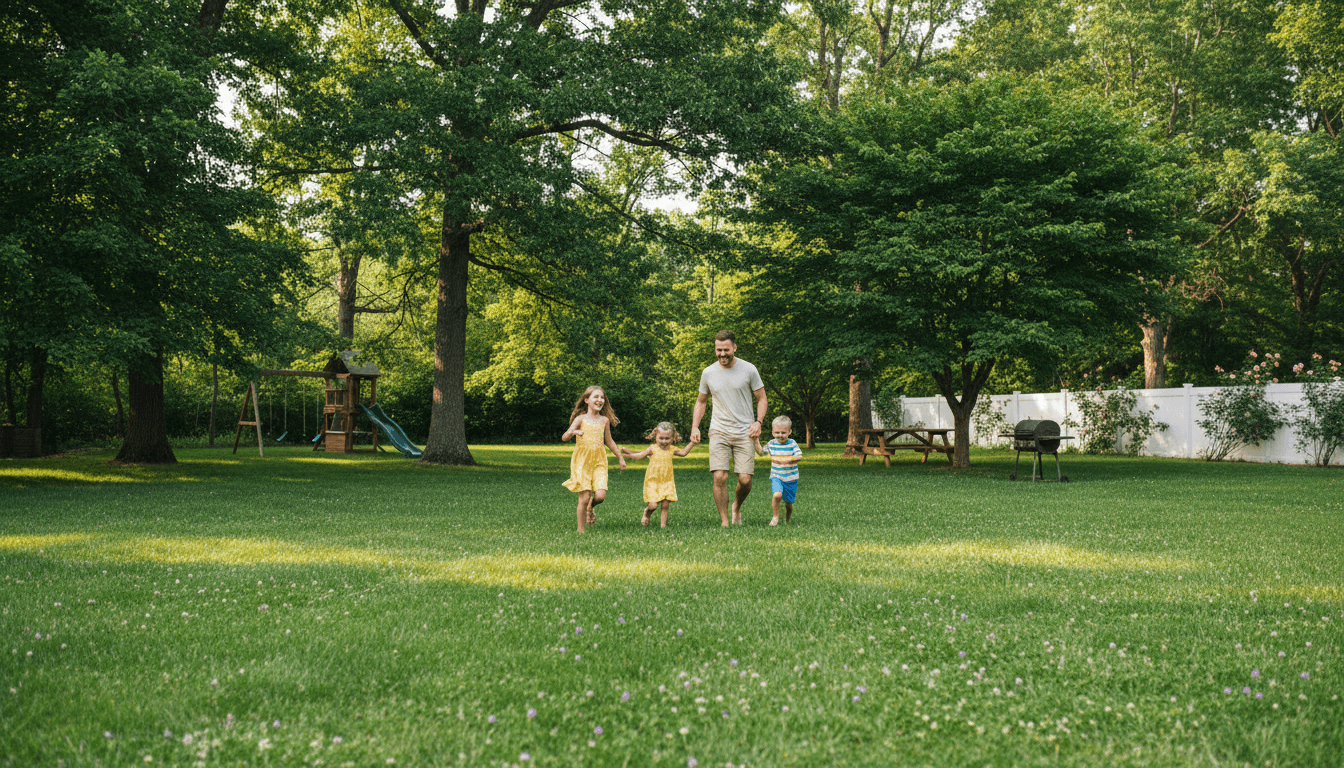 Family playing in a lush green backyard with trees