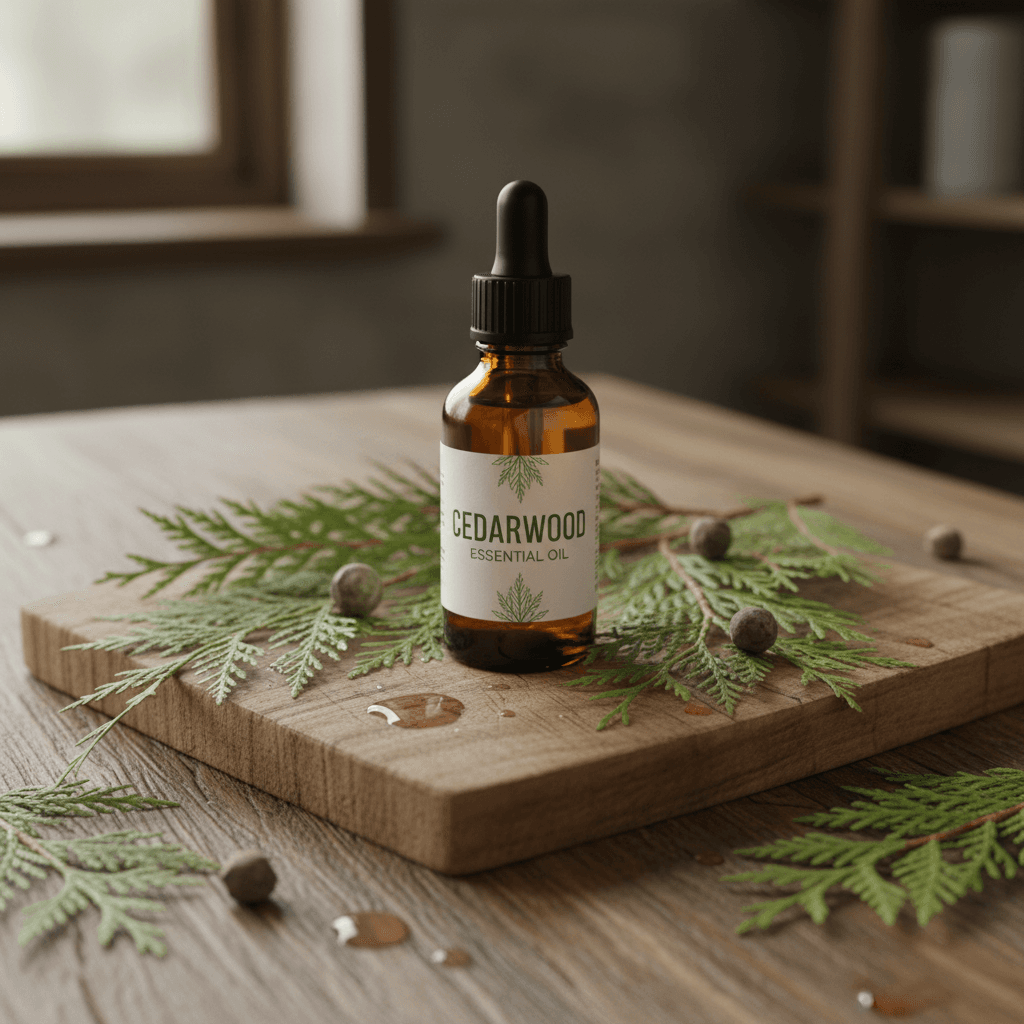 cedarwood essential oil bottle with fresh cedar branches on wooden table