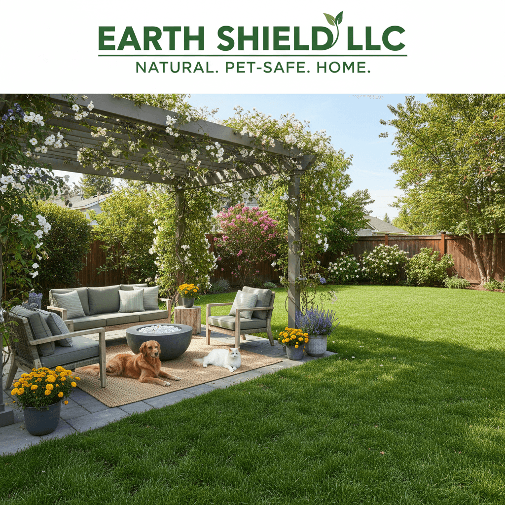 Green lawn with outdoor patio furniture in a backyard on a sunny day