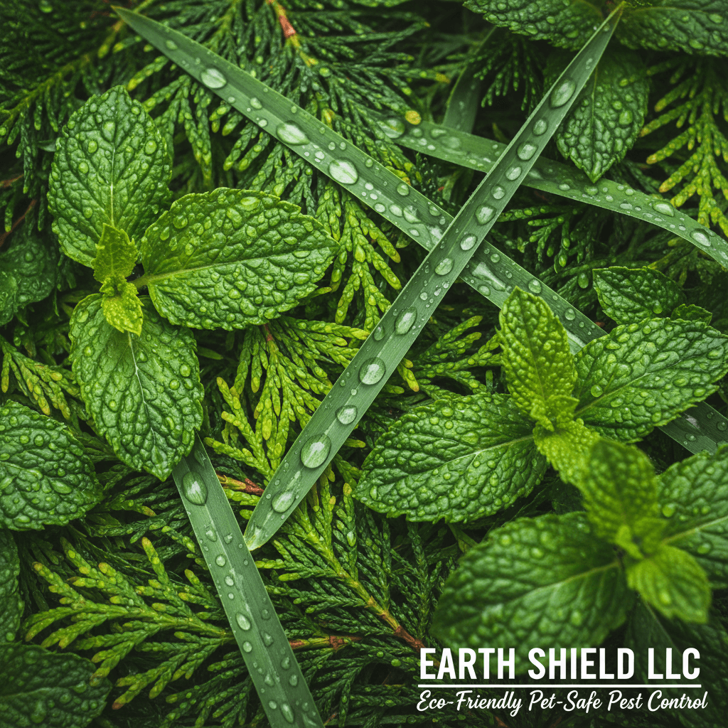 Close up of fresh green botanical leaves with water droplets
