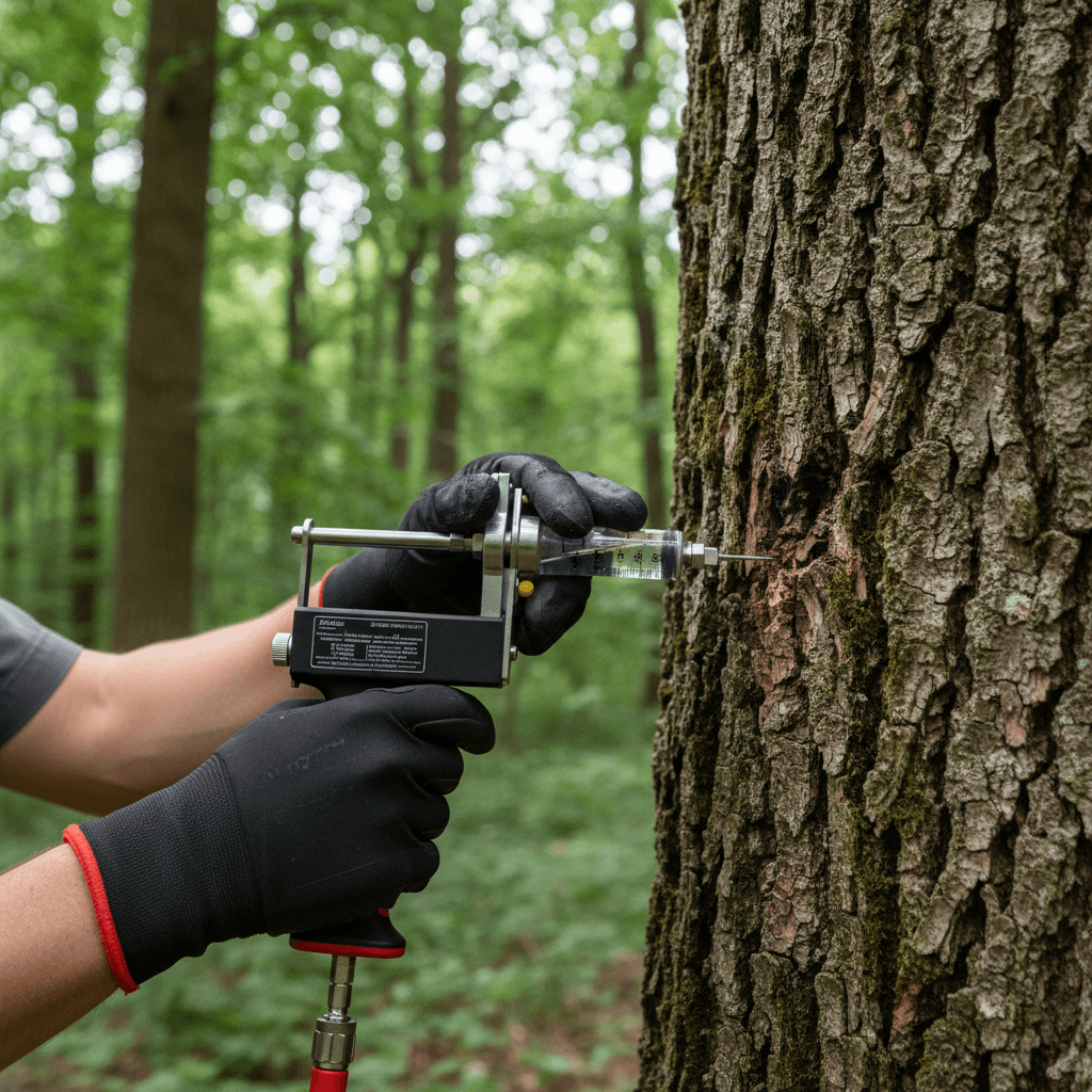 Technician spraying backyard trees with organic pest control treatment