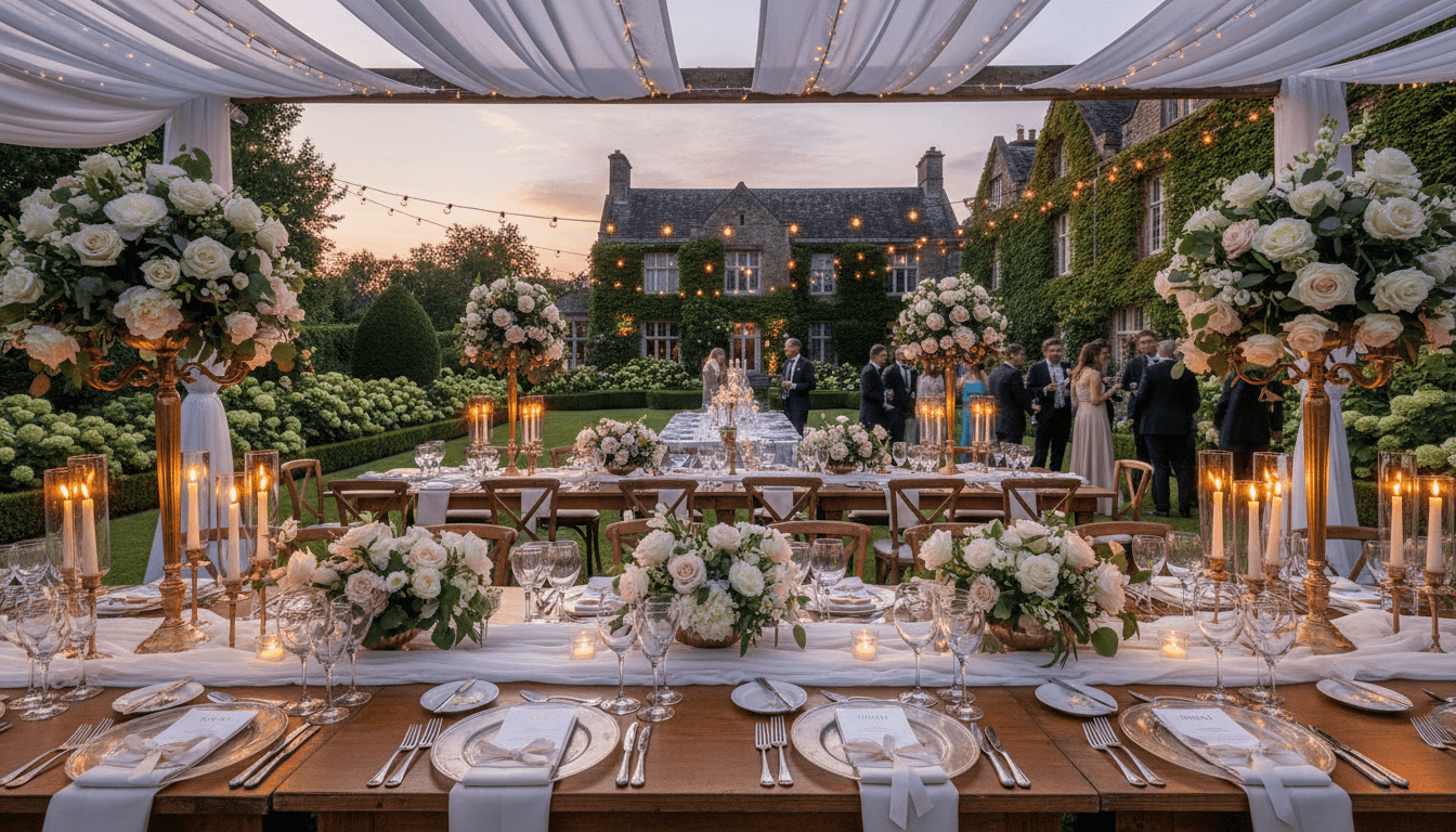 Outdoor wedding reception with string lights at dusk