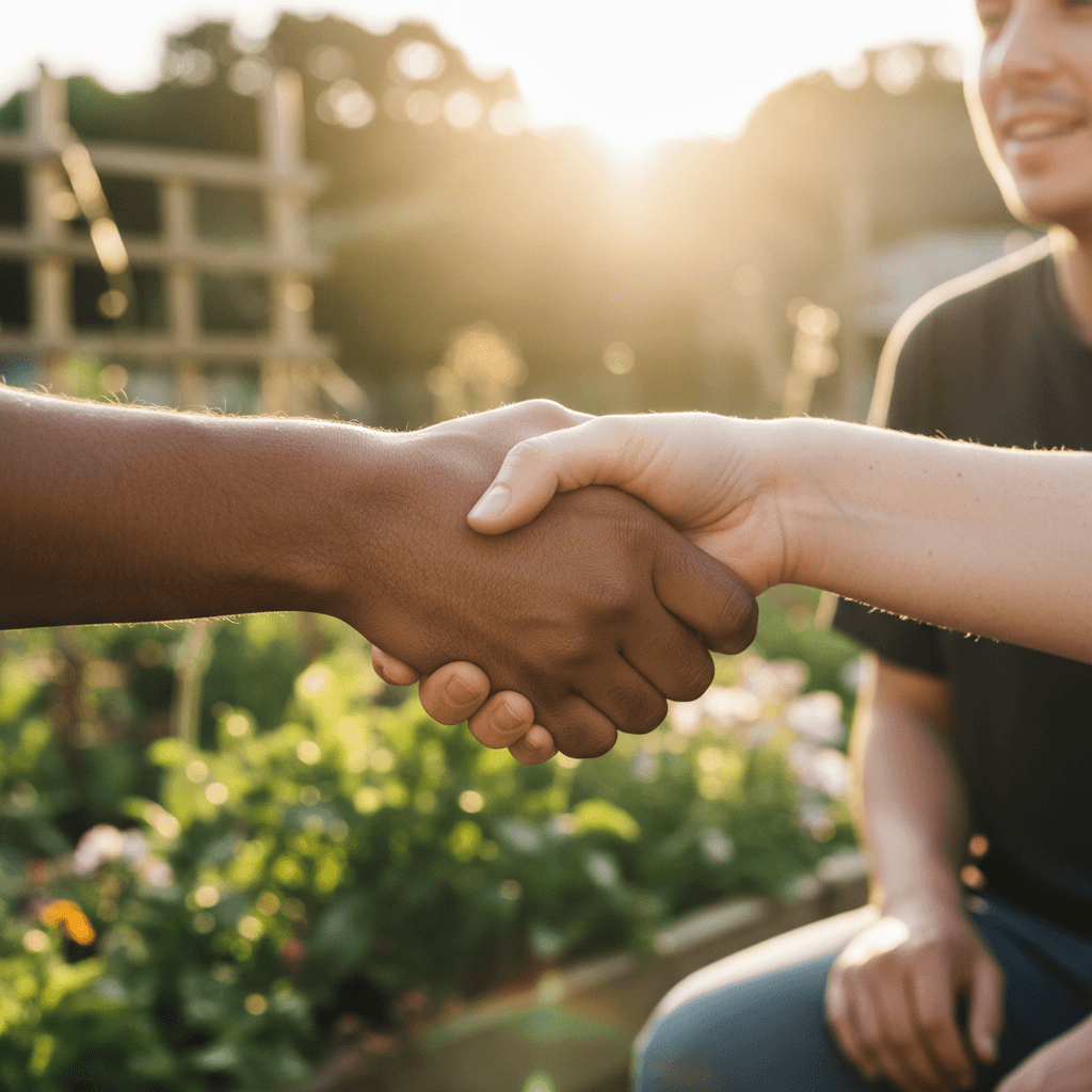 Two hands of different ethnicities joining in handshake symbolizing reconciliation and peaceful agreement outdoors