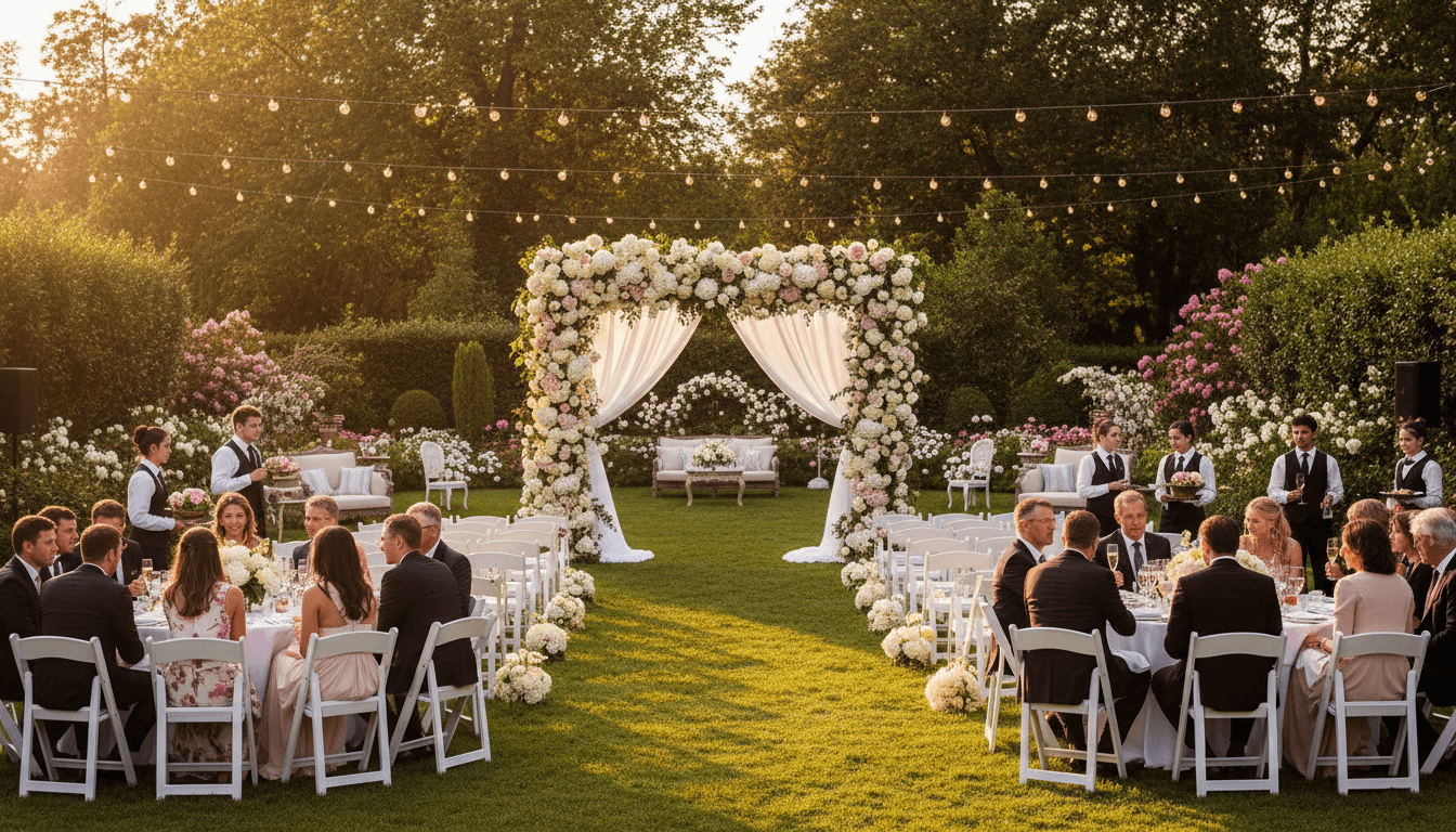 Outdoor wedding ceremony with guests seated in a garden