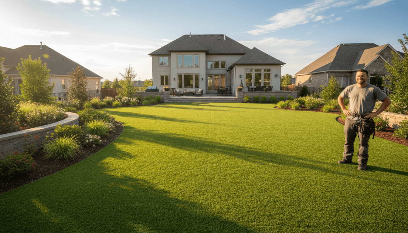 Happy dog playing in a green backyard lawn