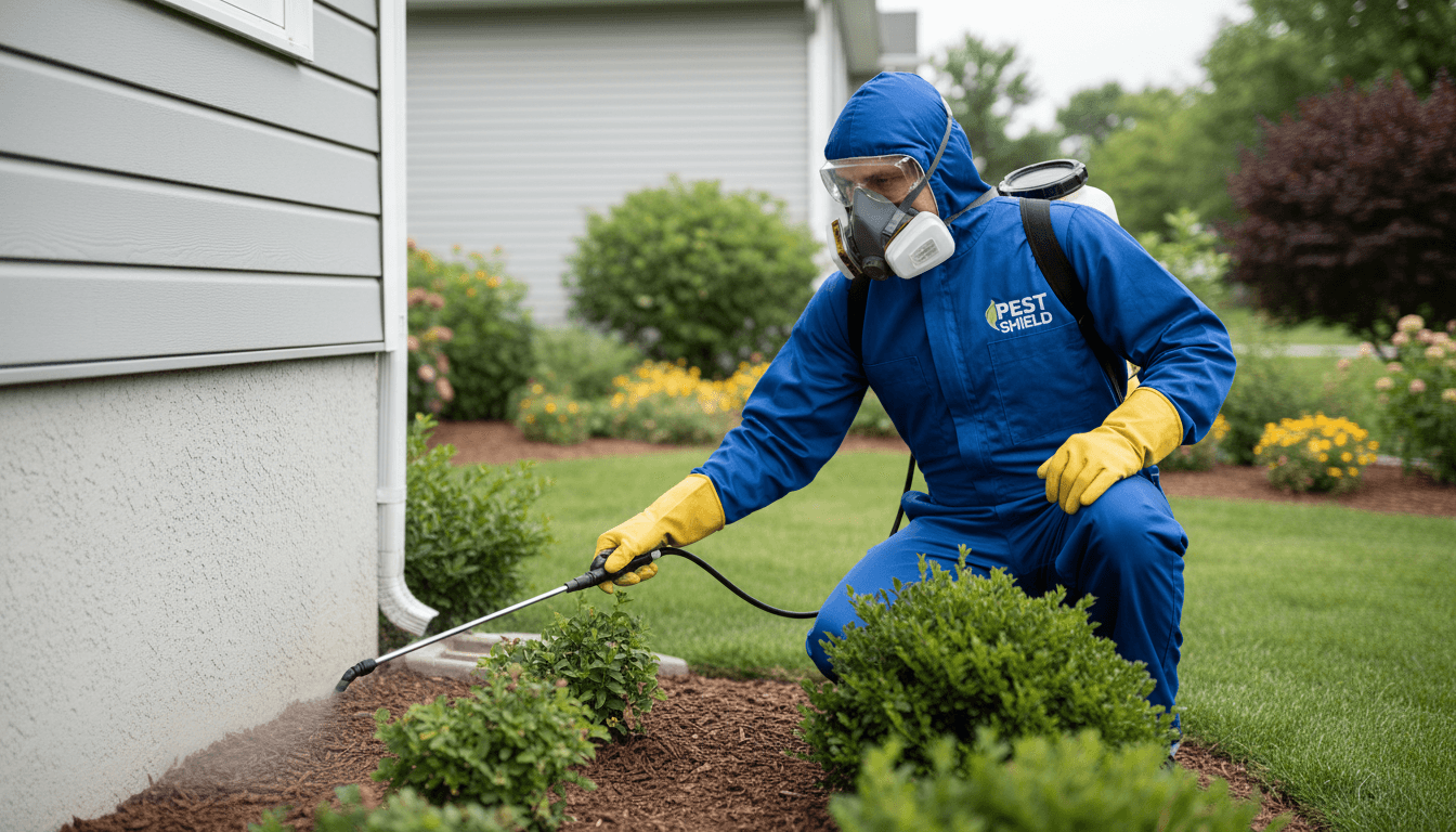 Technician spraying a backyard lawn with organic tick and mosquito treatment
