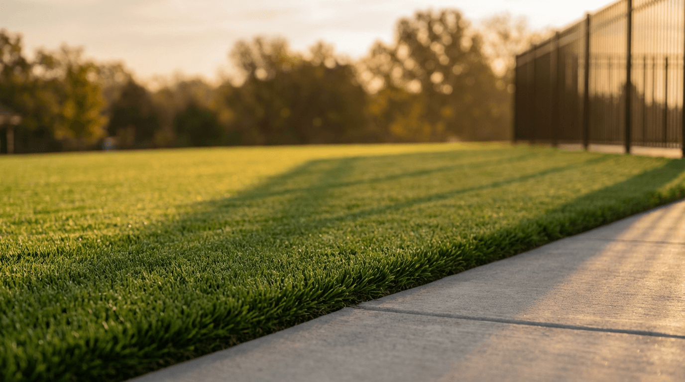 Green lawn with a treeline and garden edge