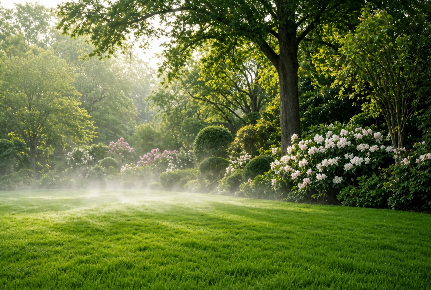 Morning mist rises from a lush green lawn surrounded by flowering bushes and sunlit trees.